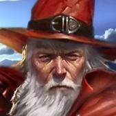 A wise wizard in red with a white beard